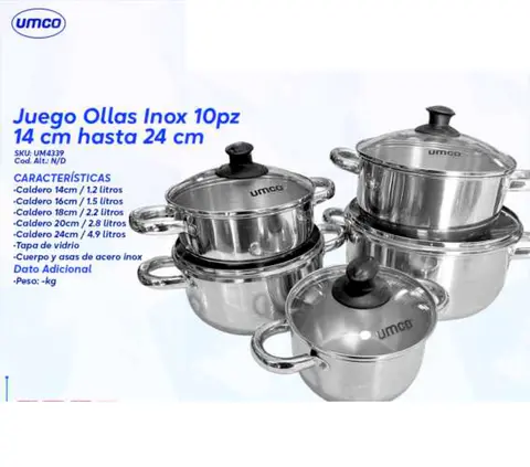 Juego Ollas Inox 10pz 14 cm hasta 24 cm