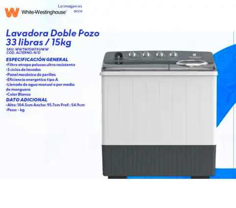 Lavadora Doble Pozo 33 libras / 15kg (White-Westinghouse by Electrolux)