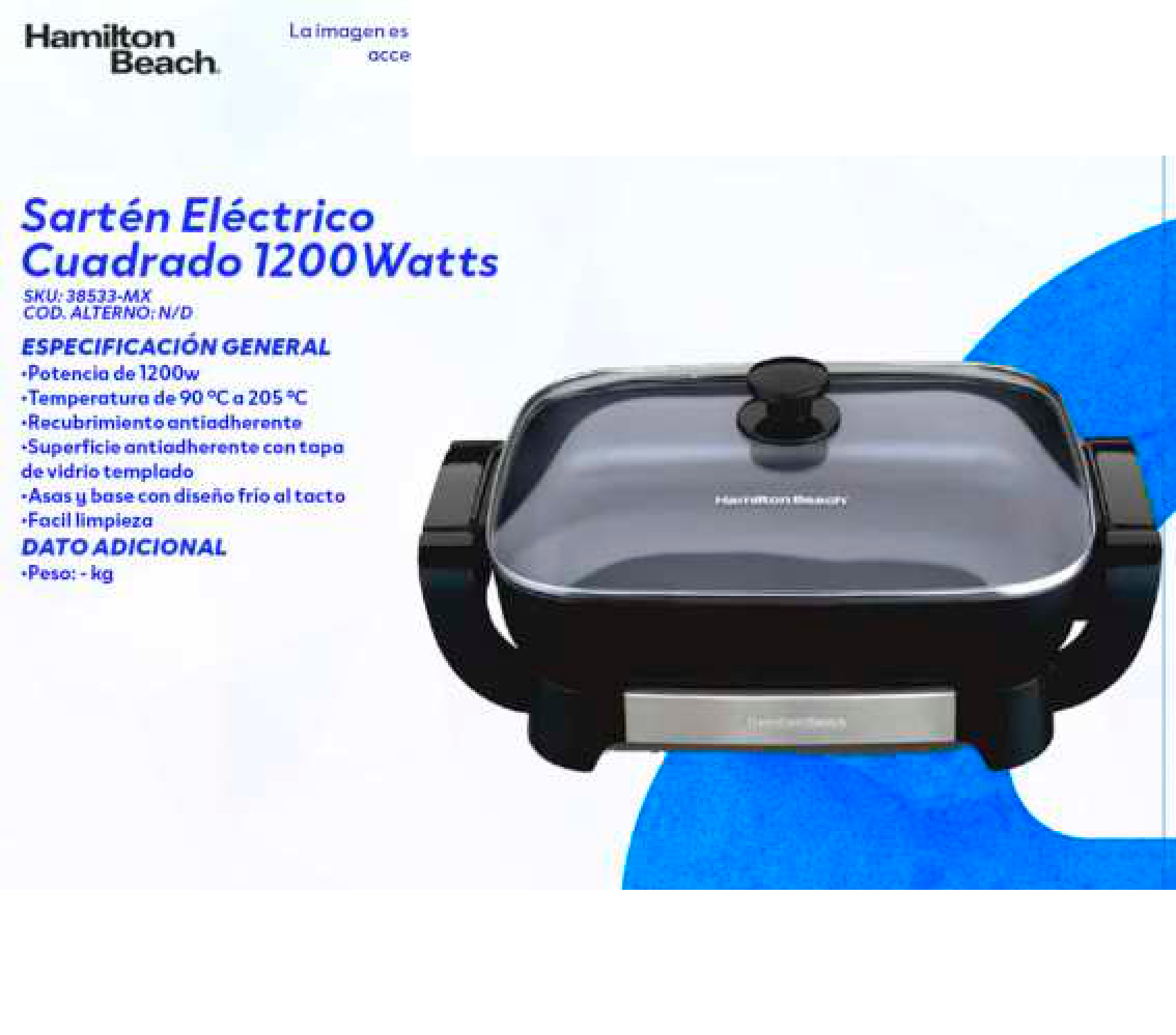 Sartén Eléctrico Cuadrado 1200 Watts