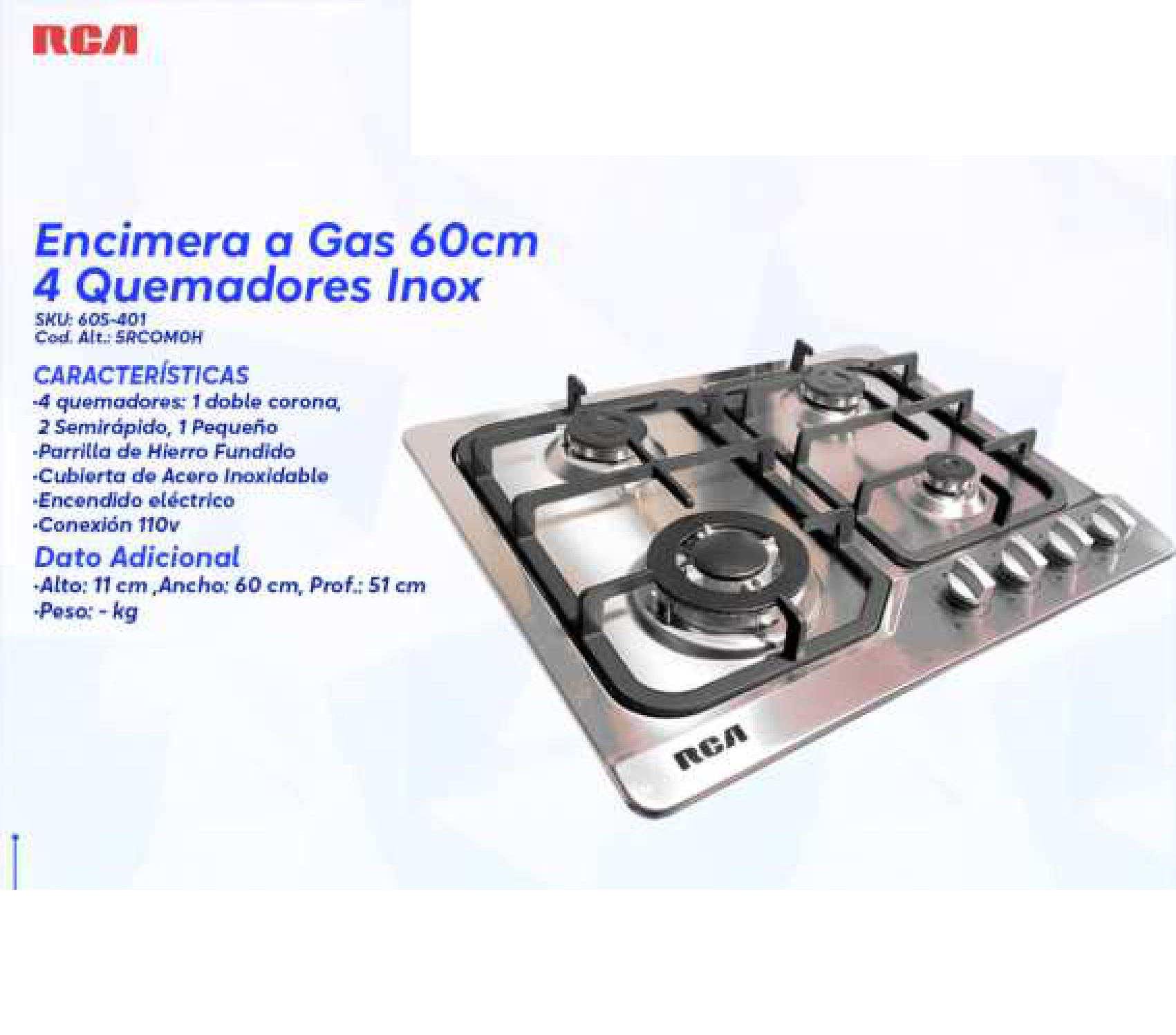 Encimera a Gas 60cm 4 Quemadores Inox