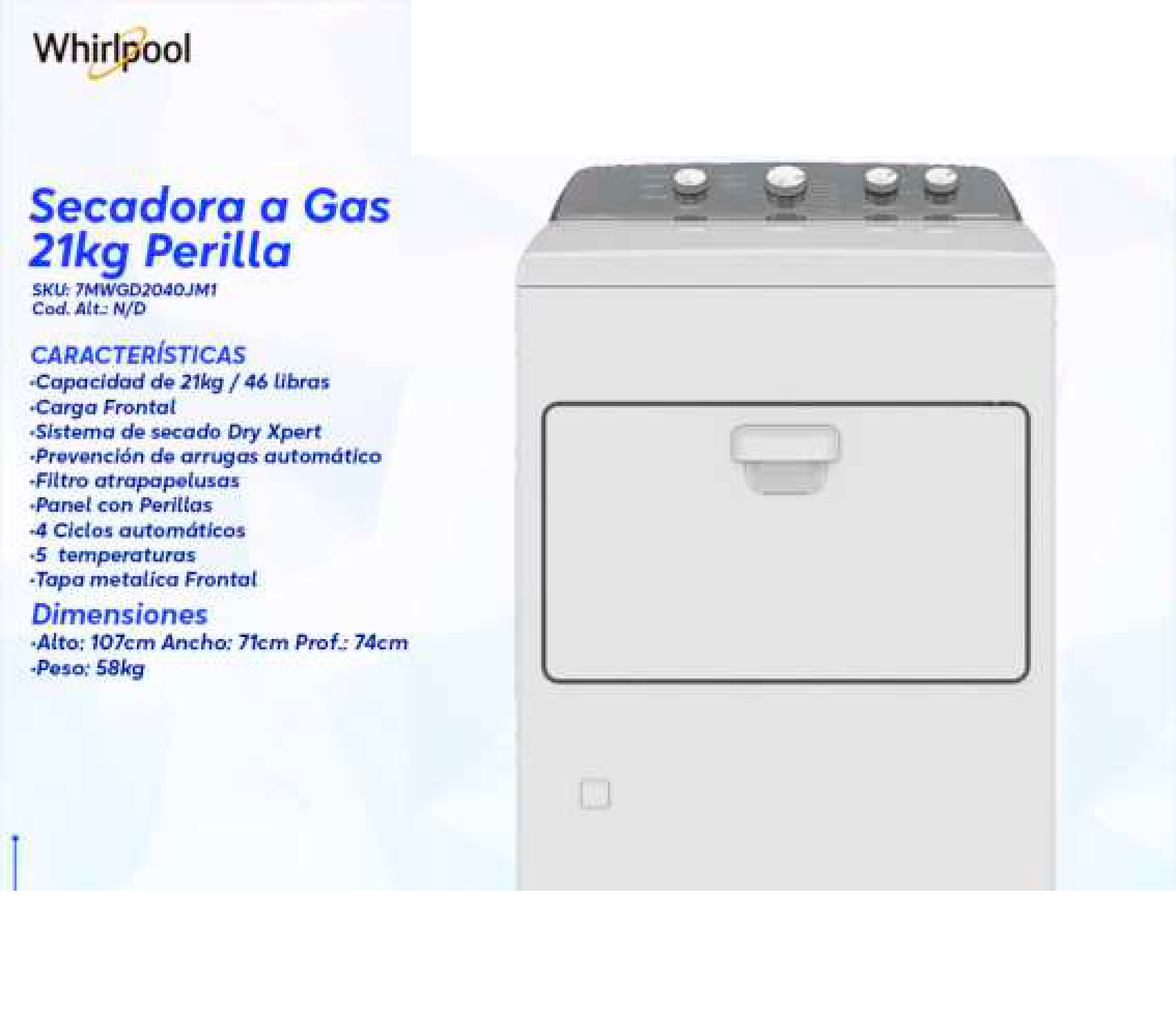 Secadora a Gas 21kg Perilla