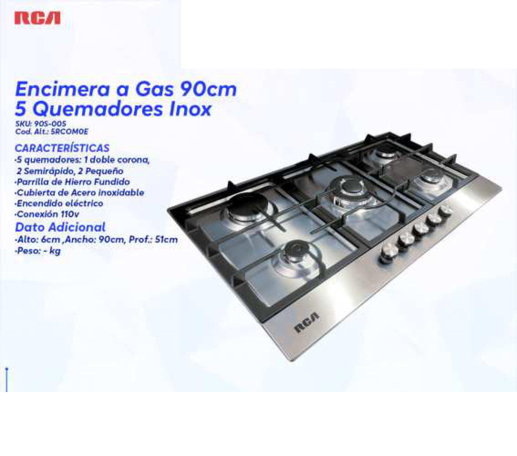 Encimera a Gas 90cm 5 Quemadores Inox