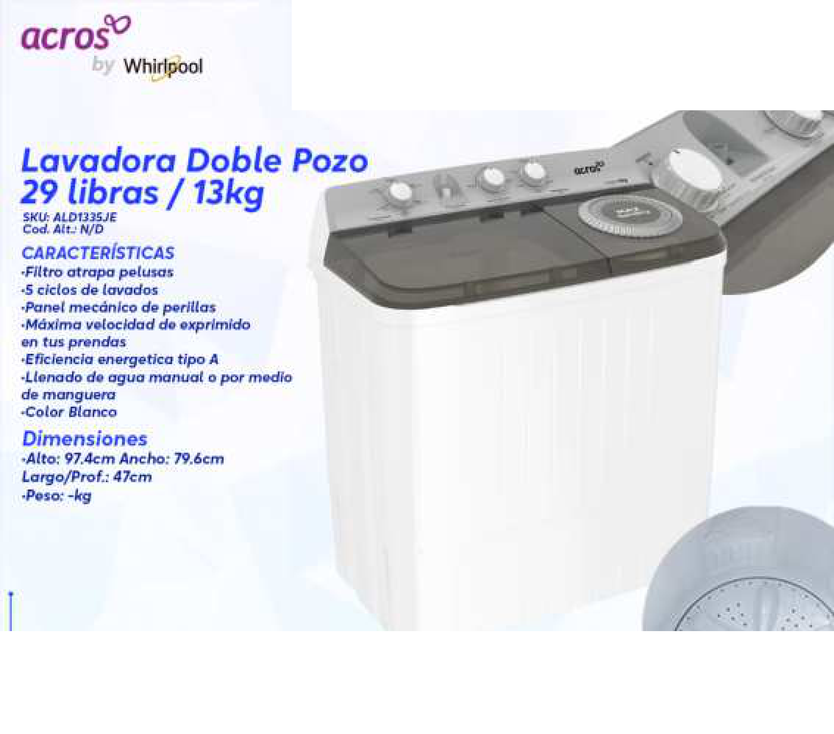 Lavadora Doble Pozo 29 libras / 13kg