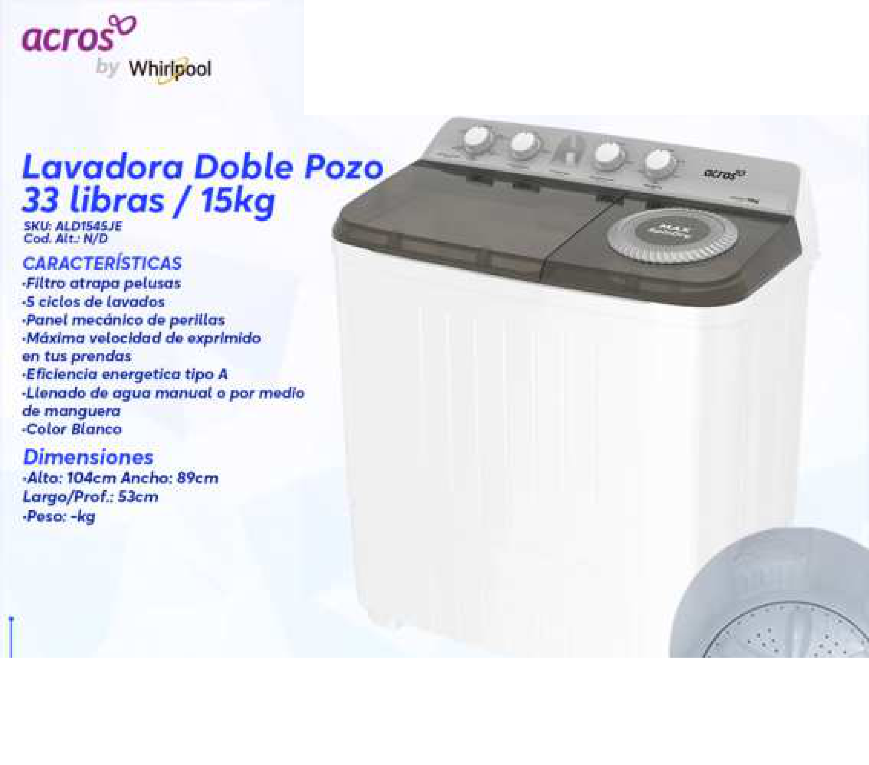 Lavadora Doble Pozo 33 libras / 15kg