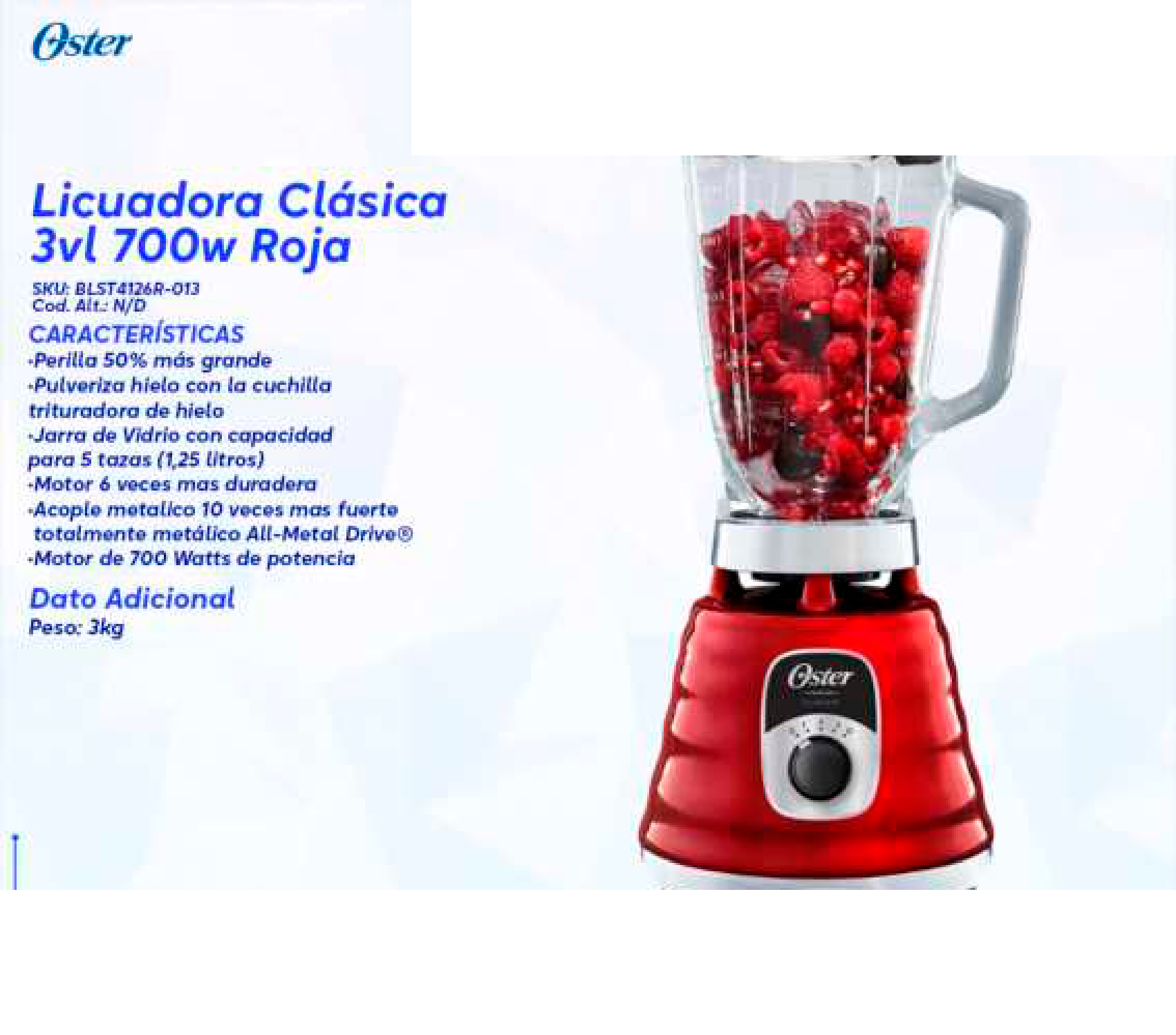 Licuadora Clásica 3vl 700w Roja