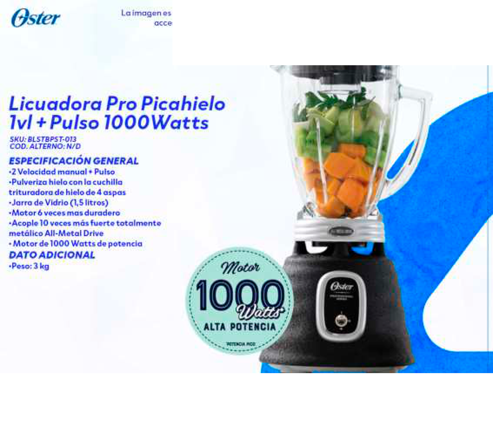 Licuadora Pro Picahielo 1vl + Pulso 1000Watts