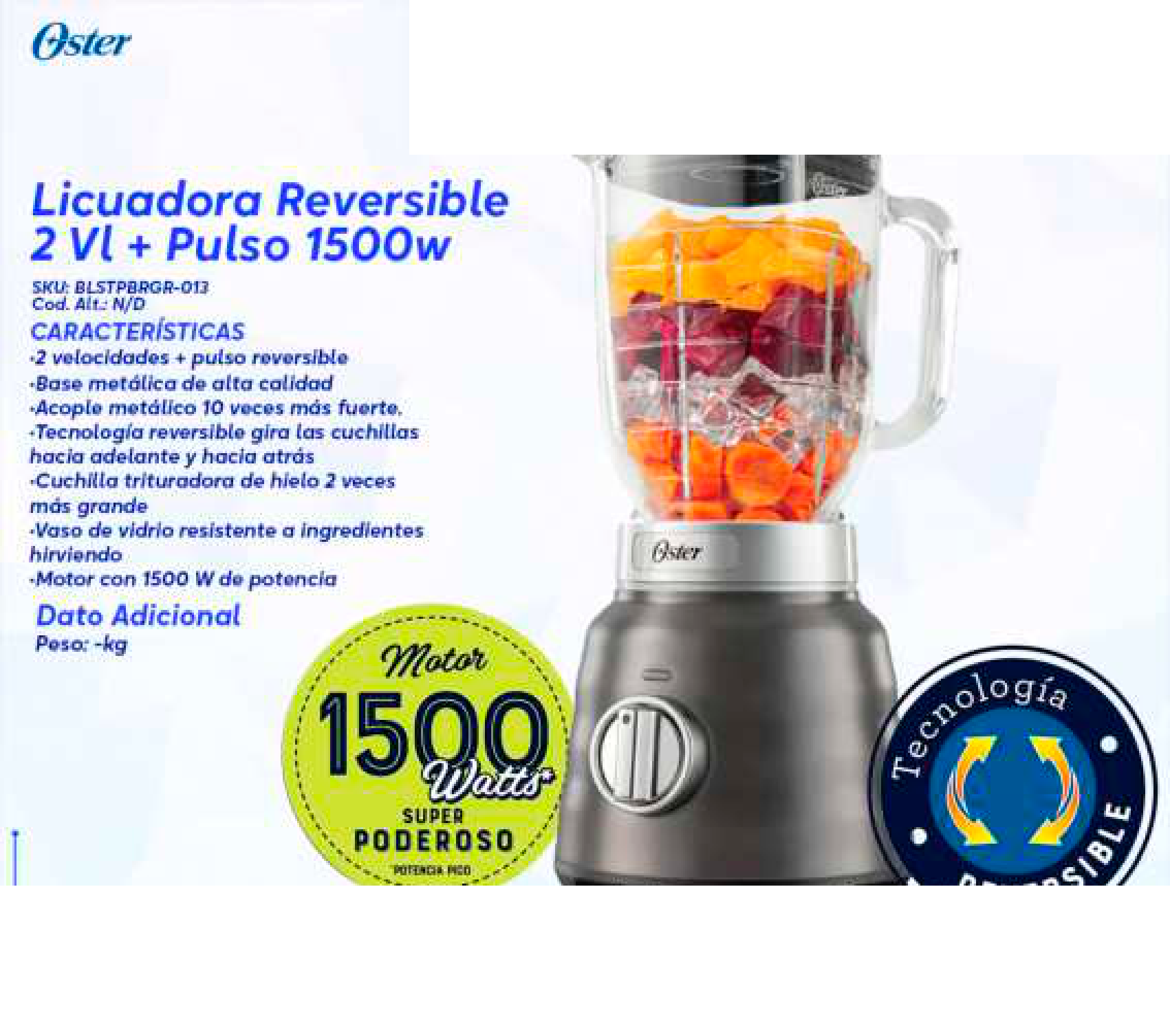 Licuadora Reversible 2 Velocidades + Pulso 1500w