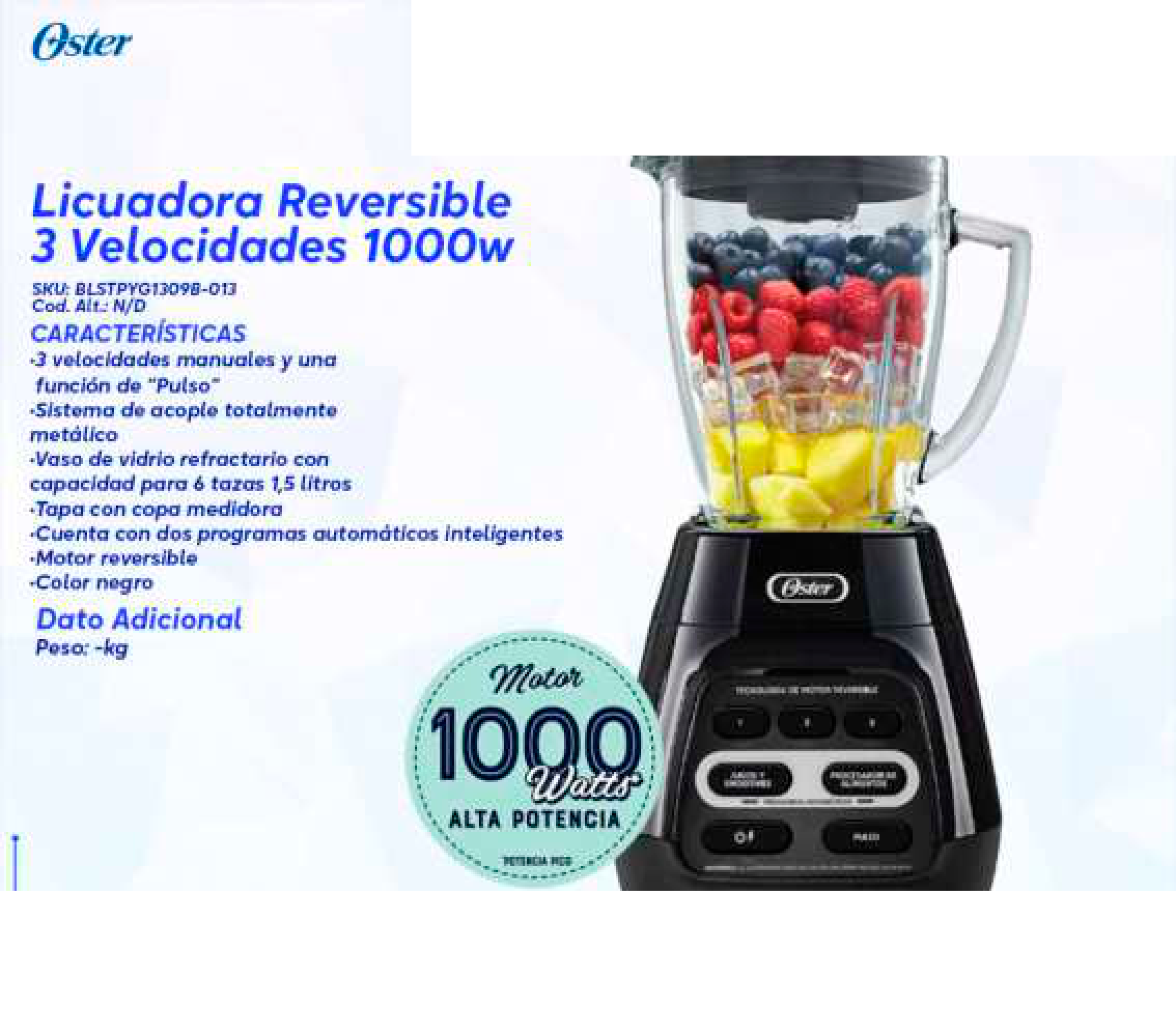Licuadora Reversible 3 Velocidades 1000w