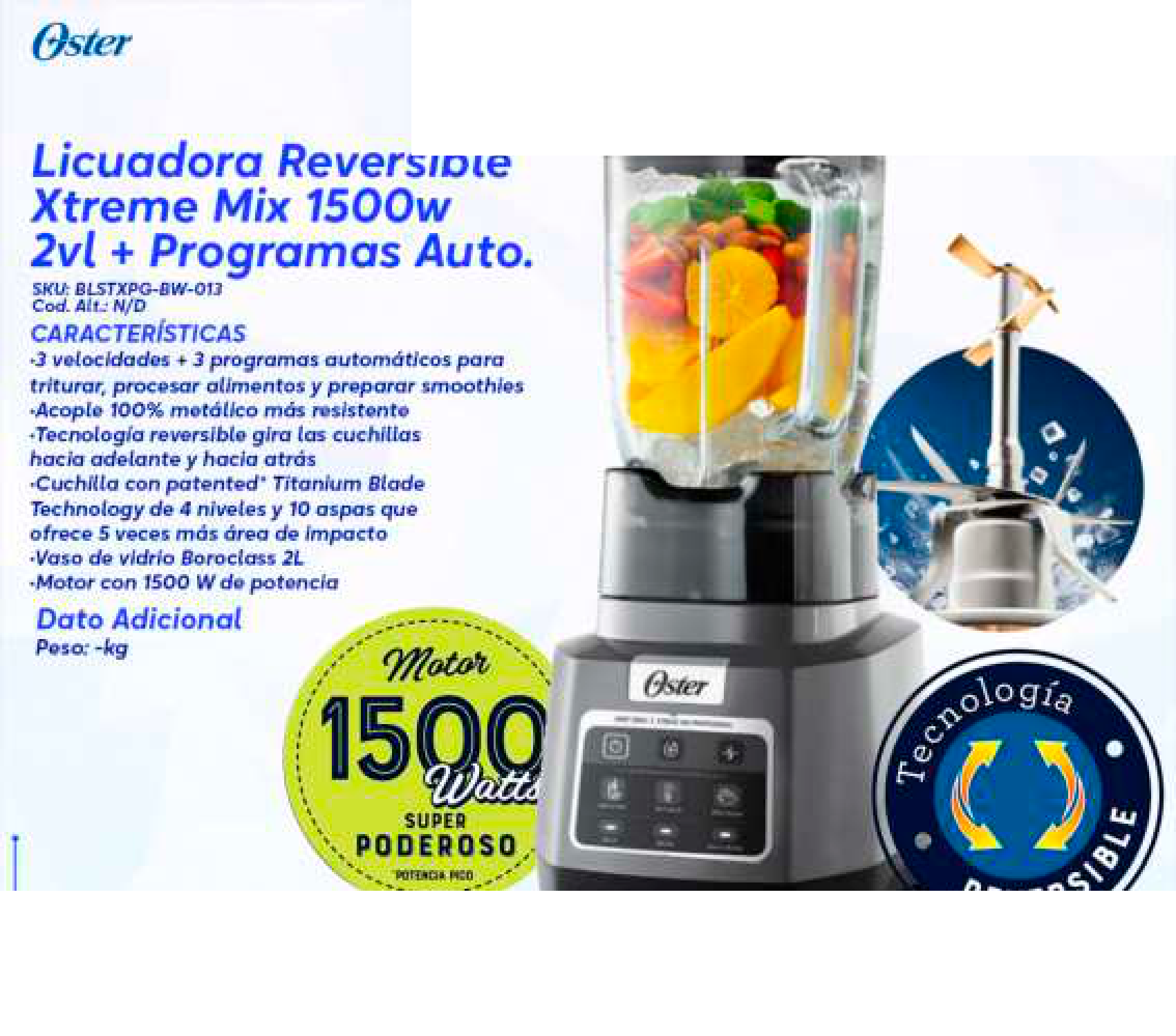Licuadora Reversible Xtreme Mix 1500w 2vl + Programas Auto