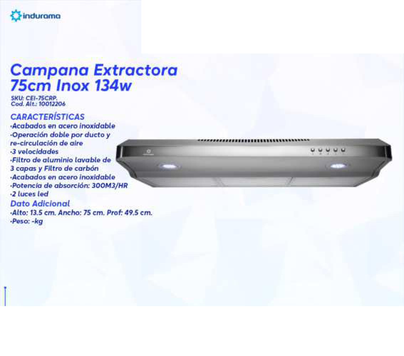 Campana Extractora 75cm Inox 134w