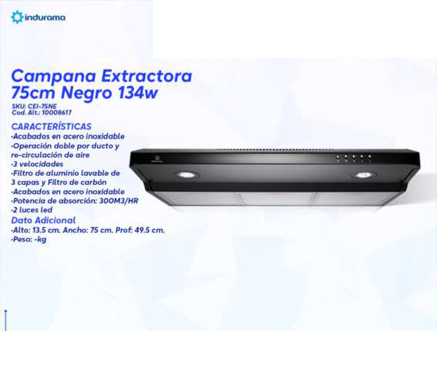 Campana Extractora 75cm Negro 134w