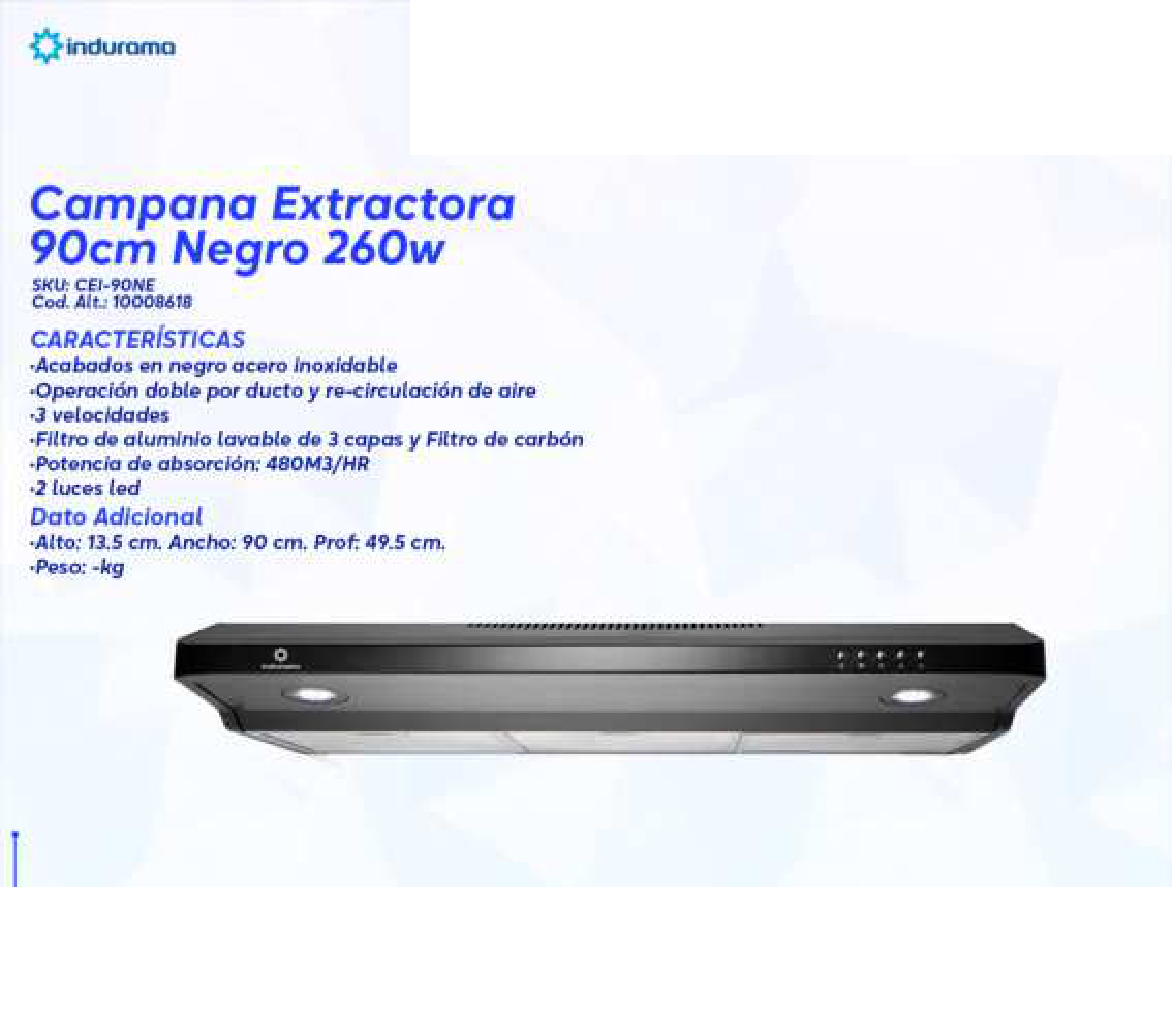 Campana Extractora 90cm Negro 260w