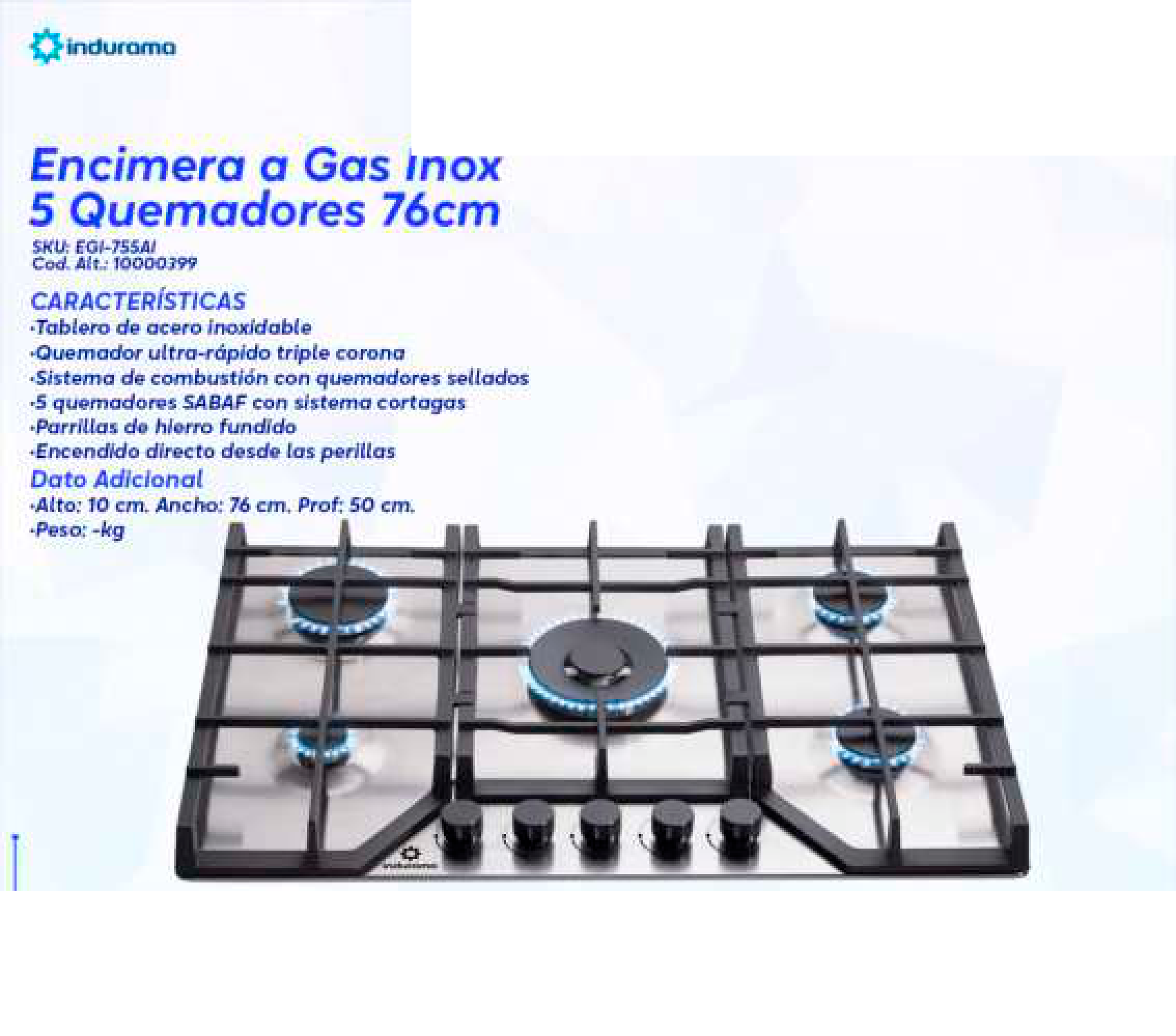 Encimera a Gas Inox 5 Quemadores 76cm