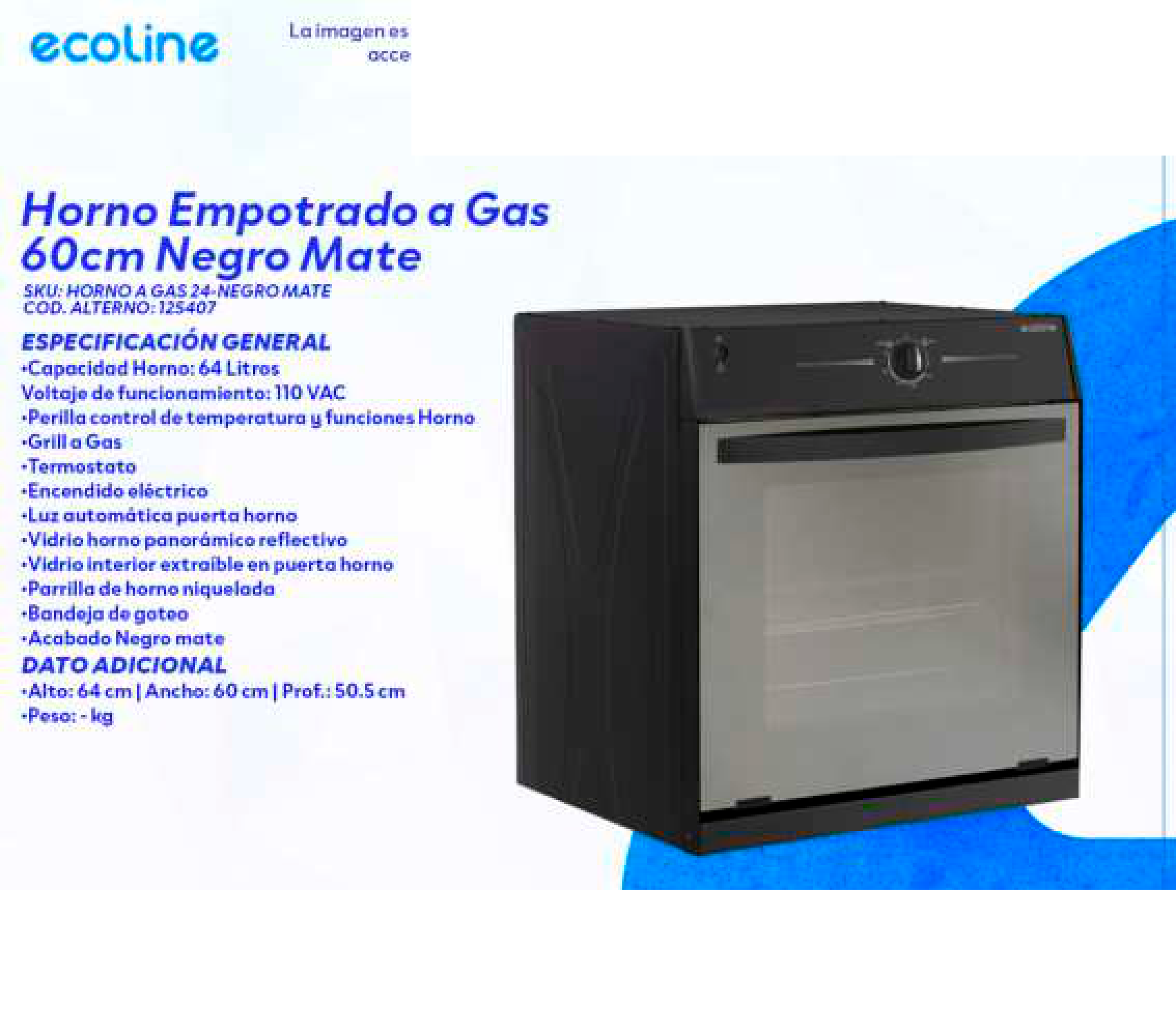 Horno Empotrado a Gas 60cm Negro Mate