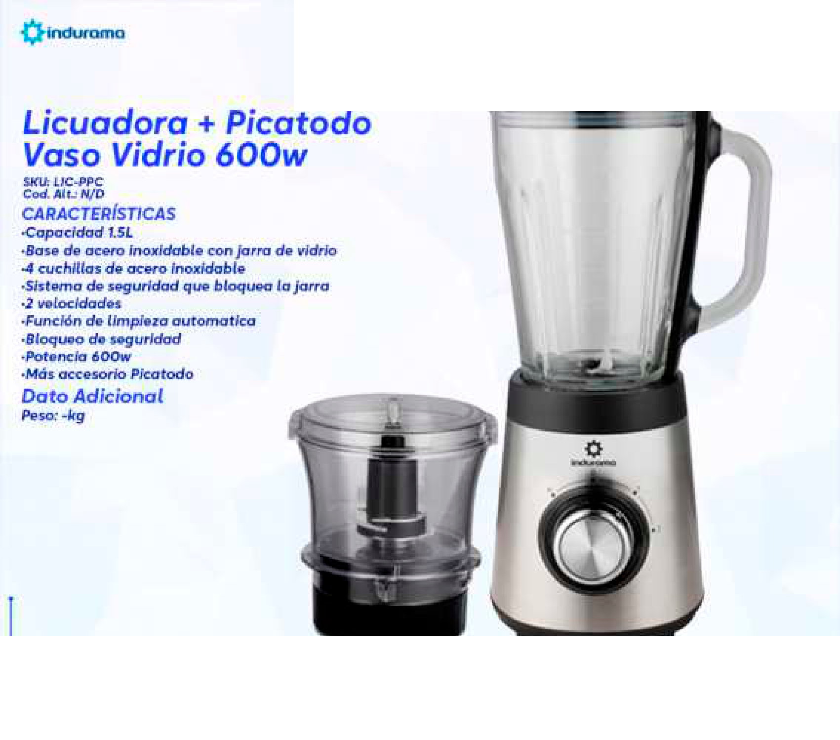 Licuadora + Picatodo Vaso Vidrio 600w