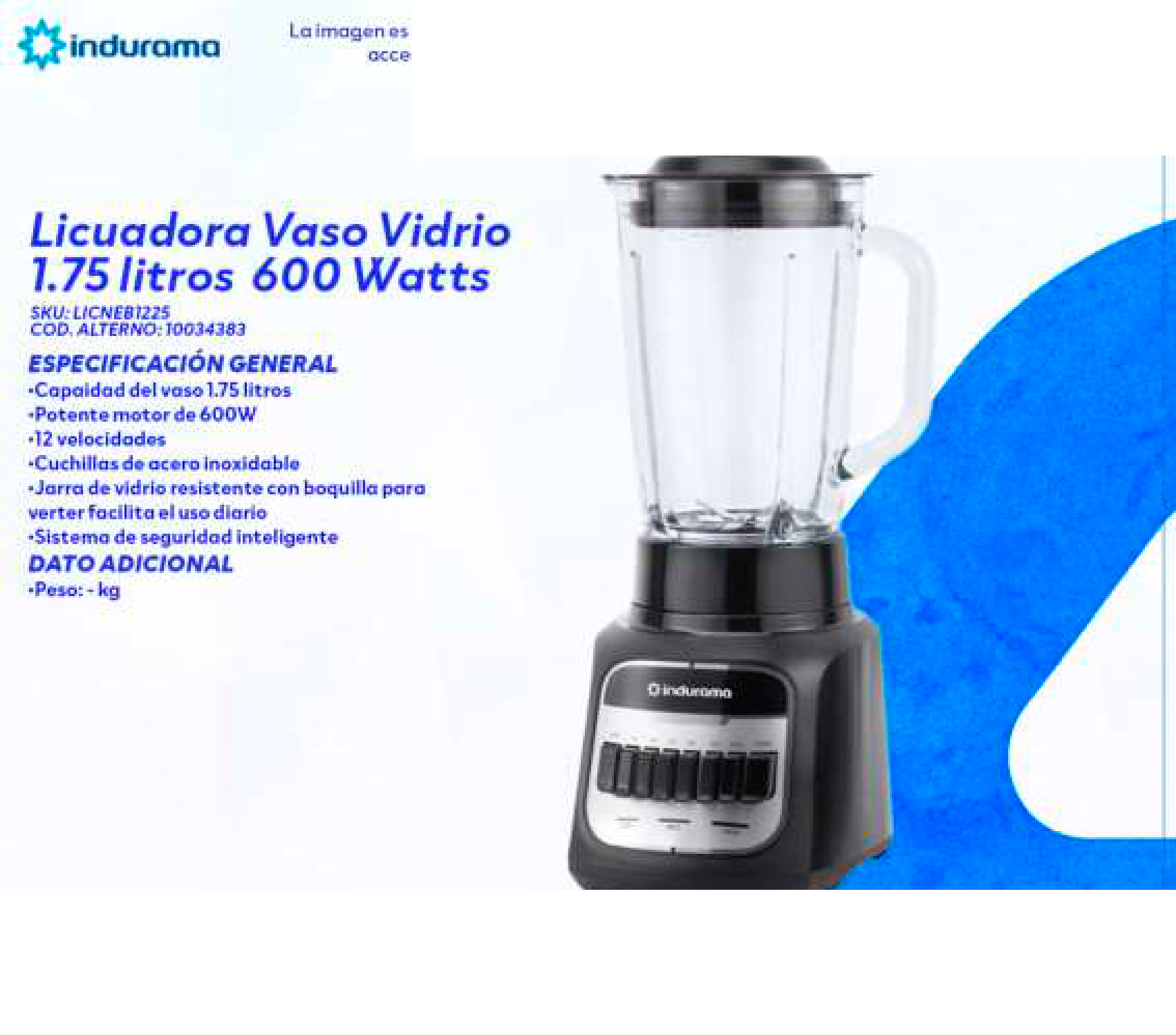 Licuadora Vaso Vidrio 1.75 litros 600 Watts