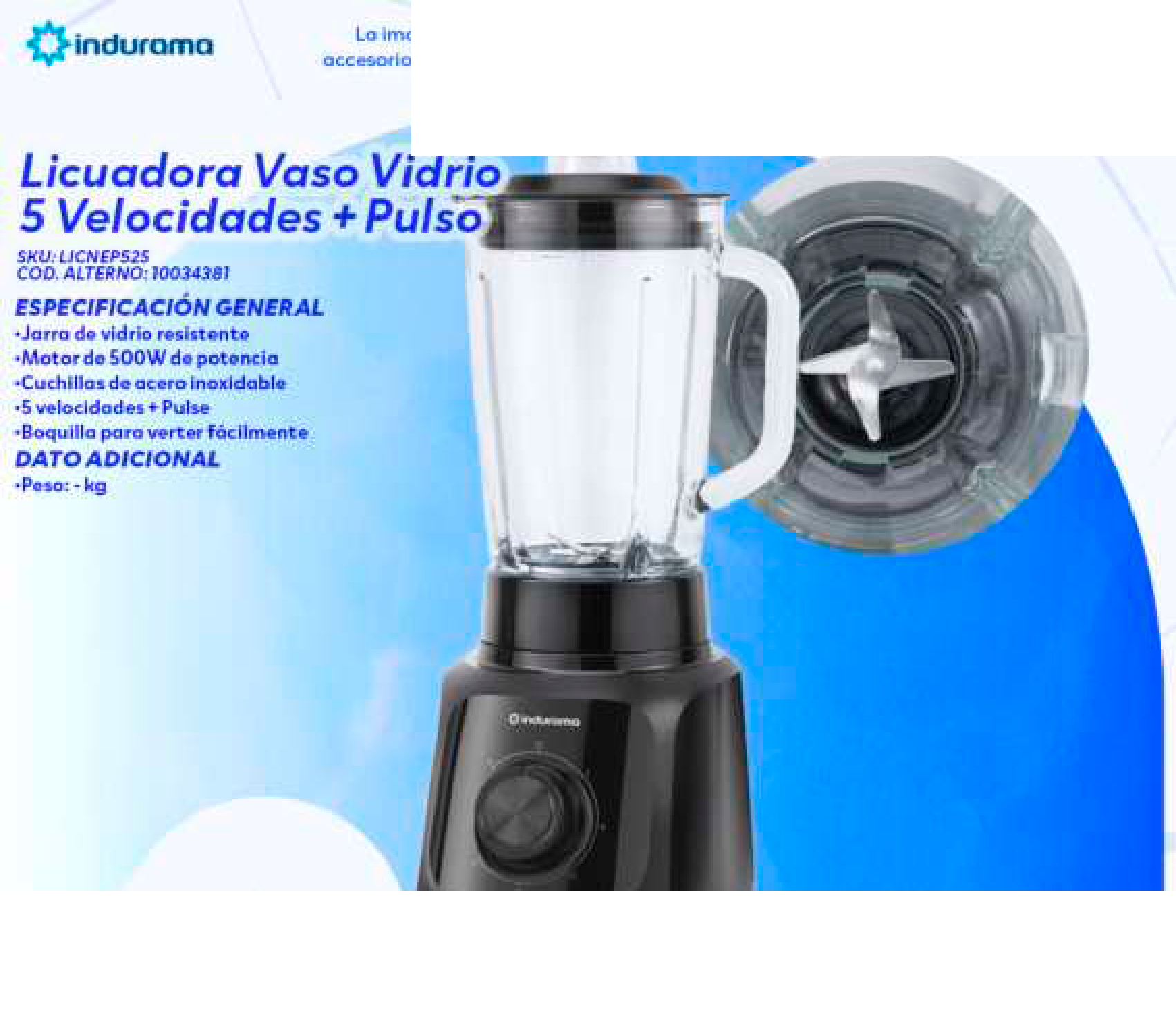 Licuadora Vaso Vidrio 5 Velocidades + Pulso