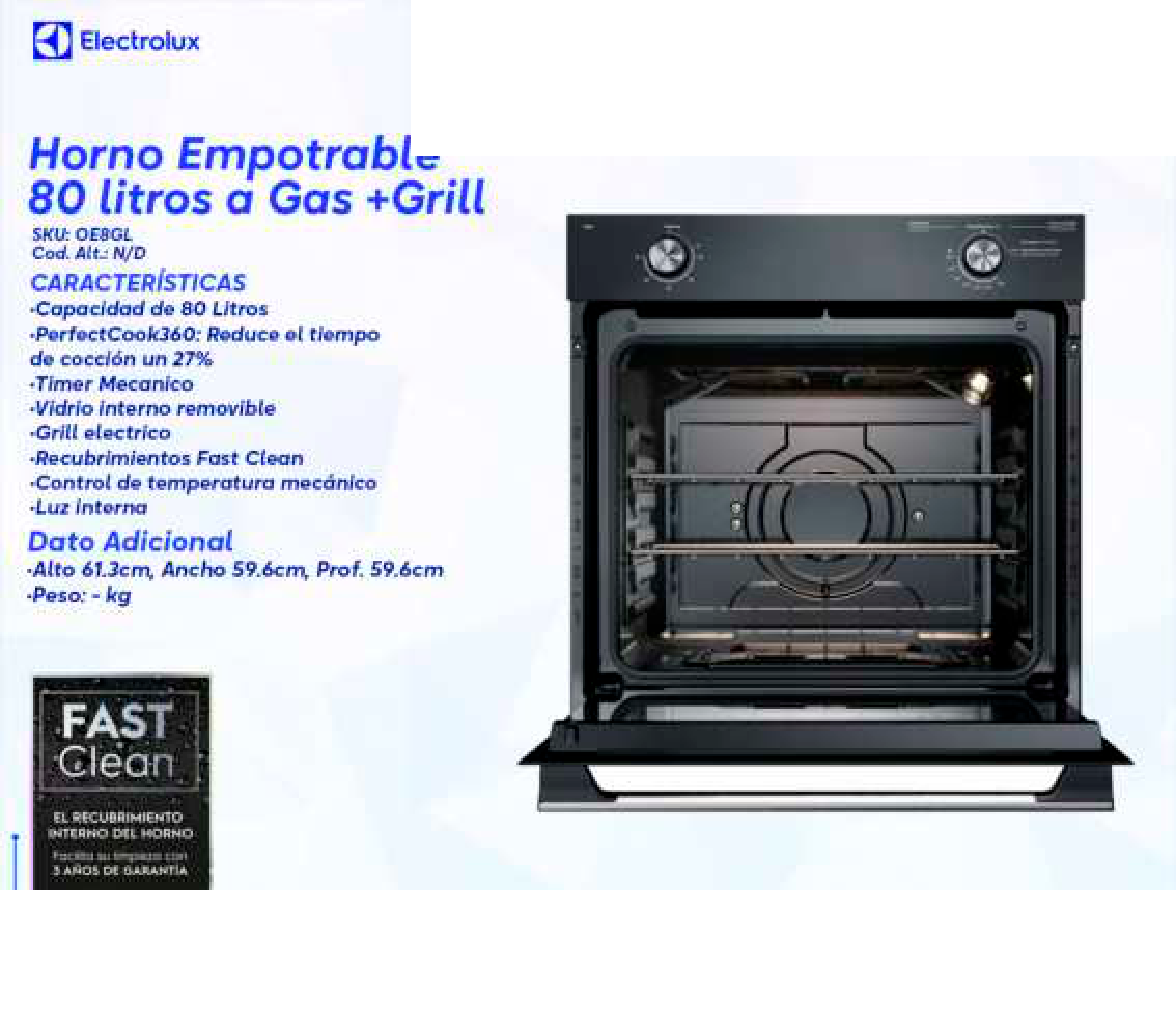 Horno Empotrable 80 litros a Gas +Grill