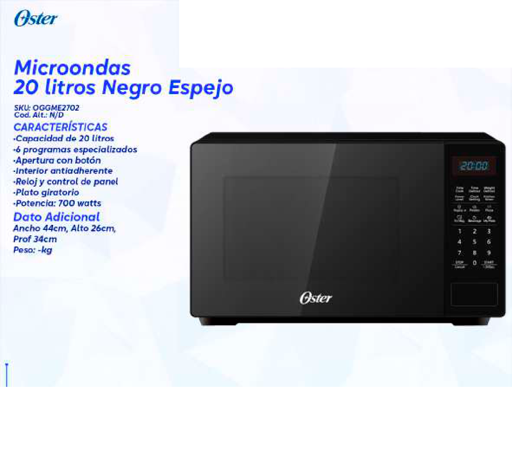 Microondas 20 litros Negro Espejo