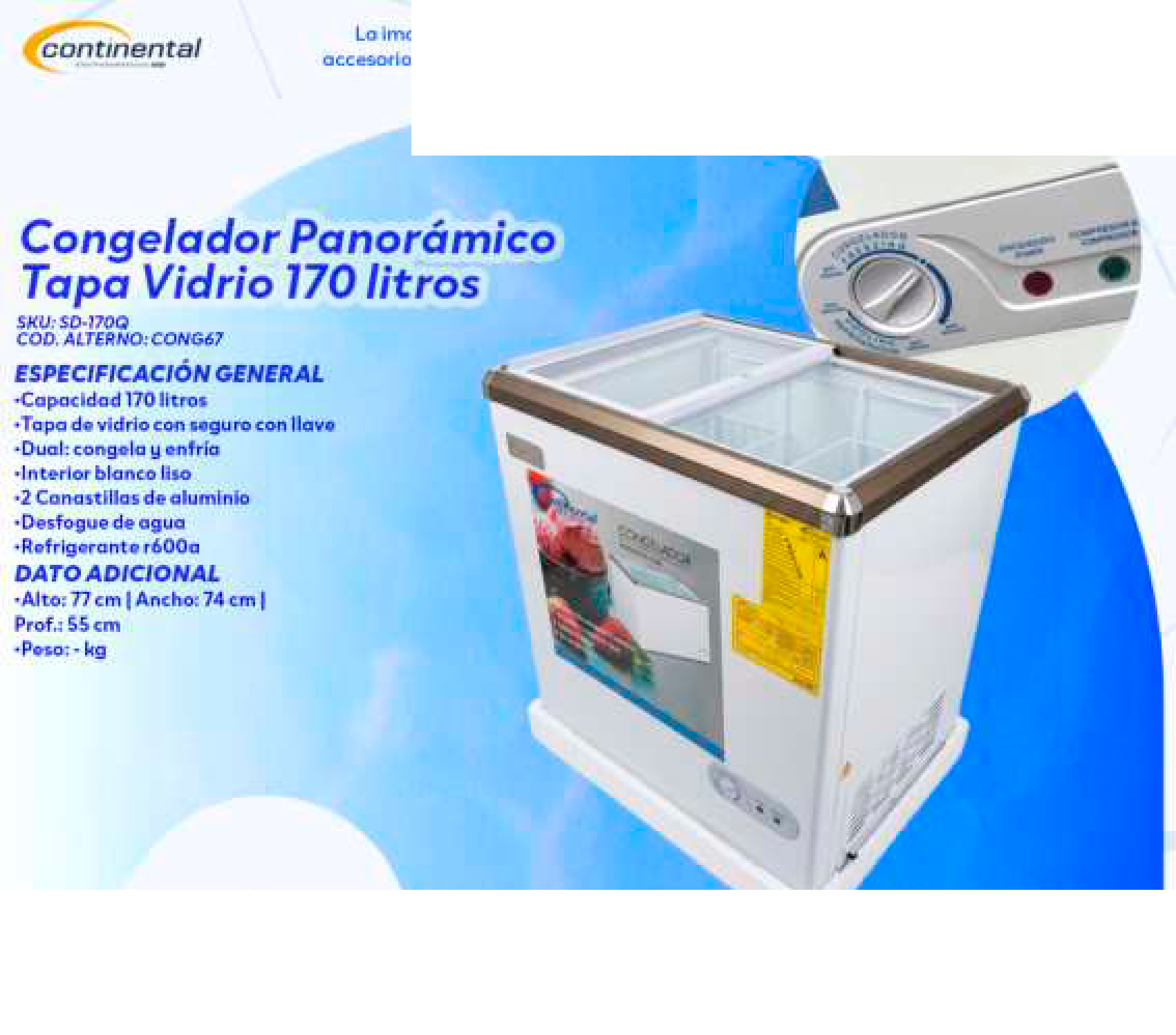 Congelador Panorámico Tapa Vidrio 170 litros