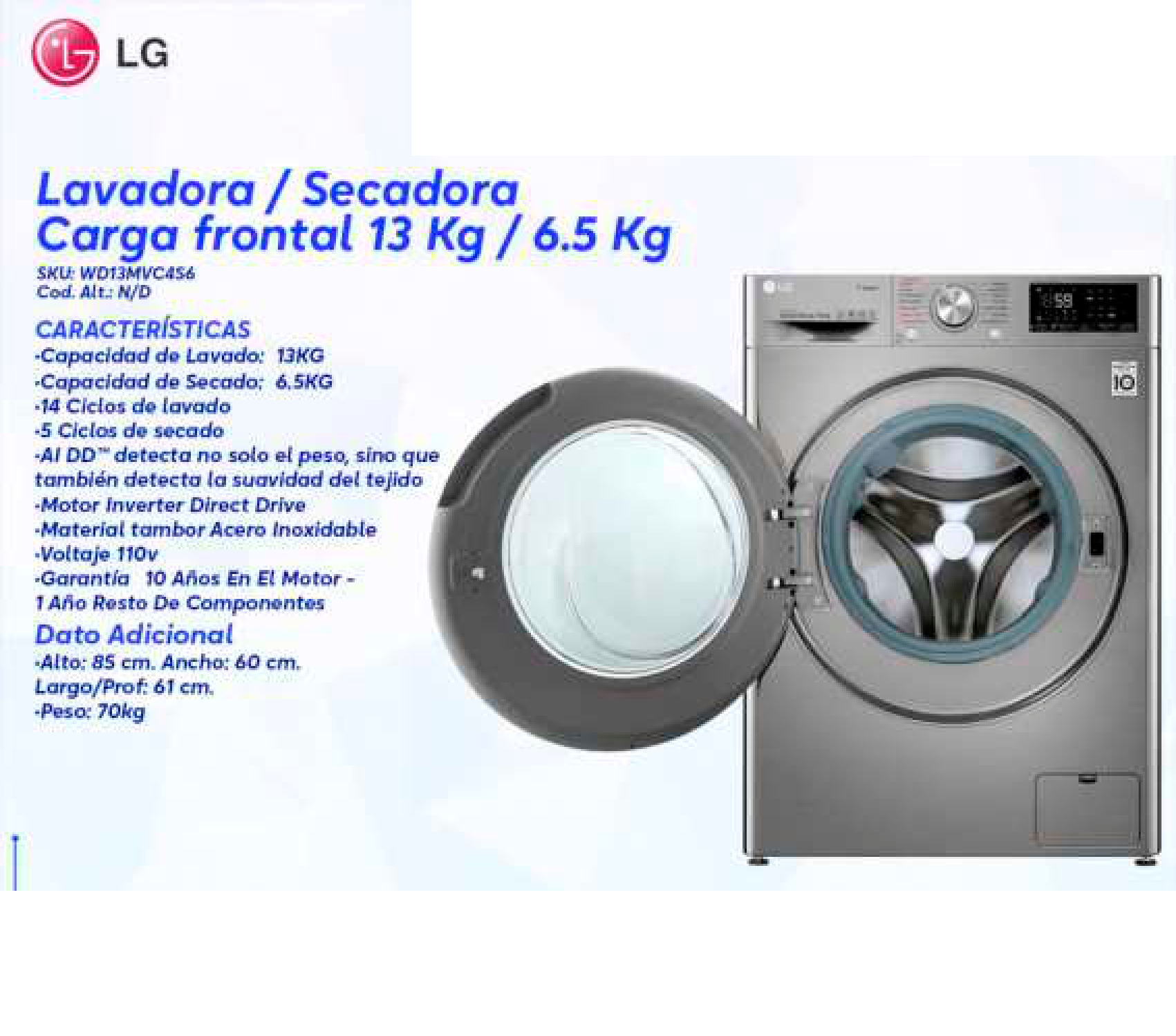 Lavadora / Secadora Carga frontal 13 Kg / 6.5 Kg