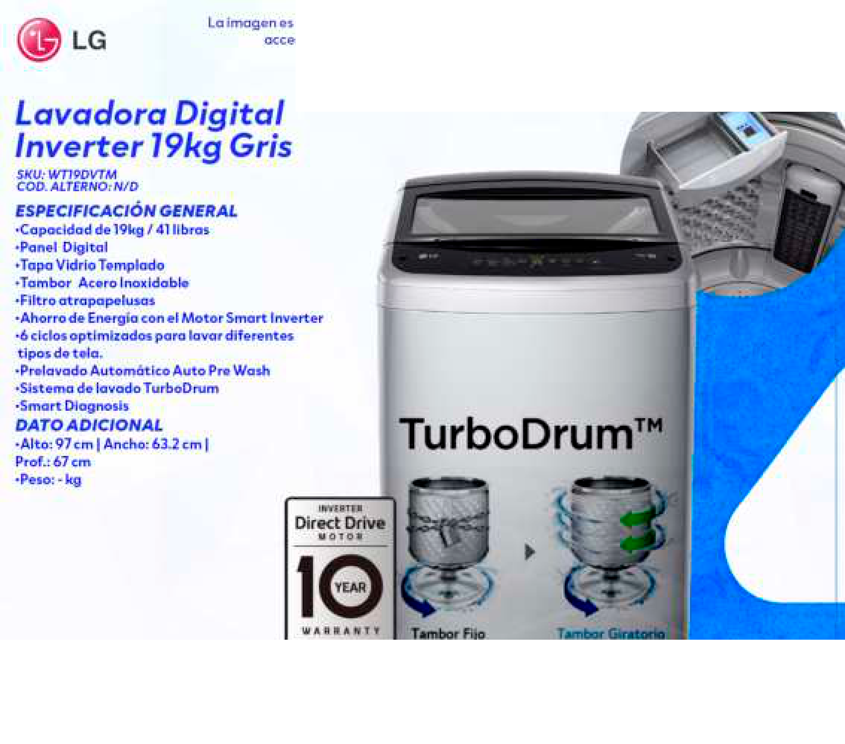 Lavadora Digital Inverter 19kg Gris