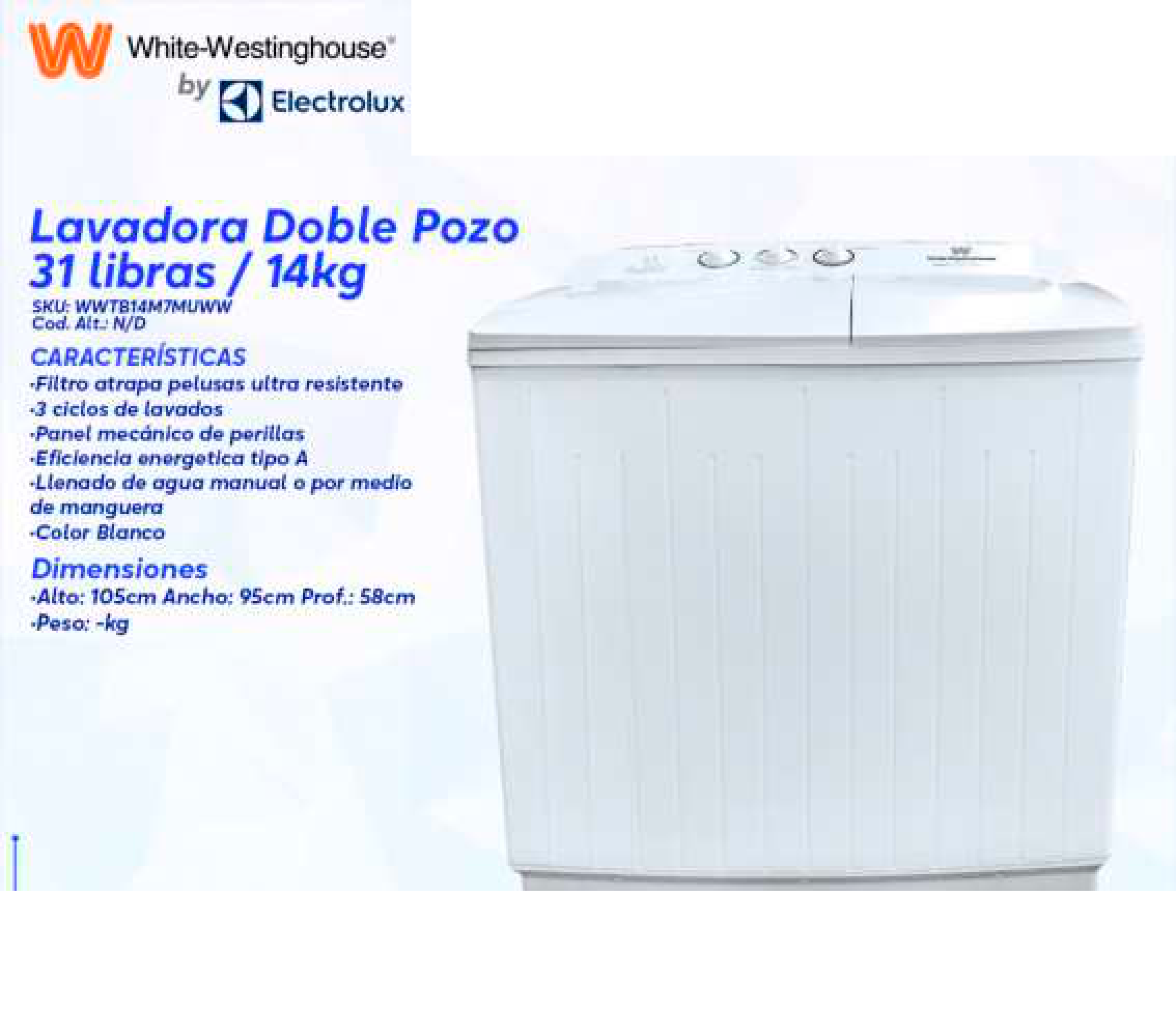 Lavadora Doble Pozo 31 libras / 14kg