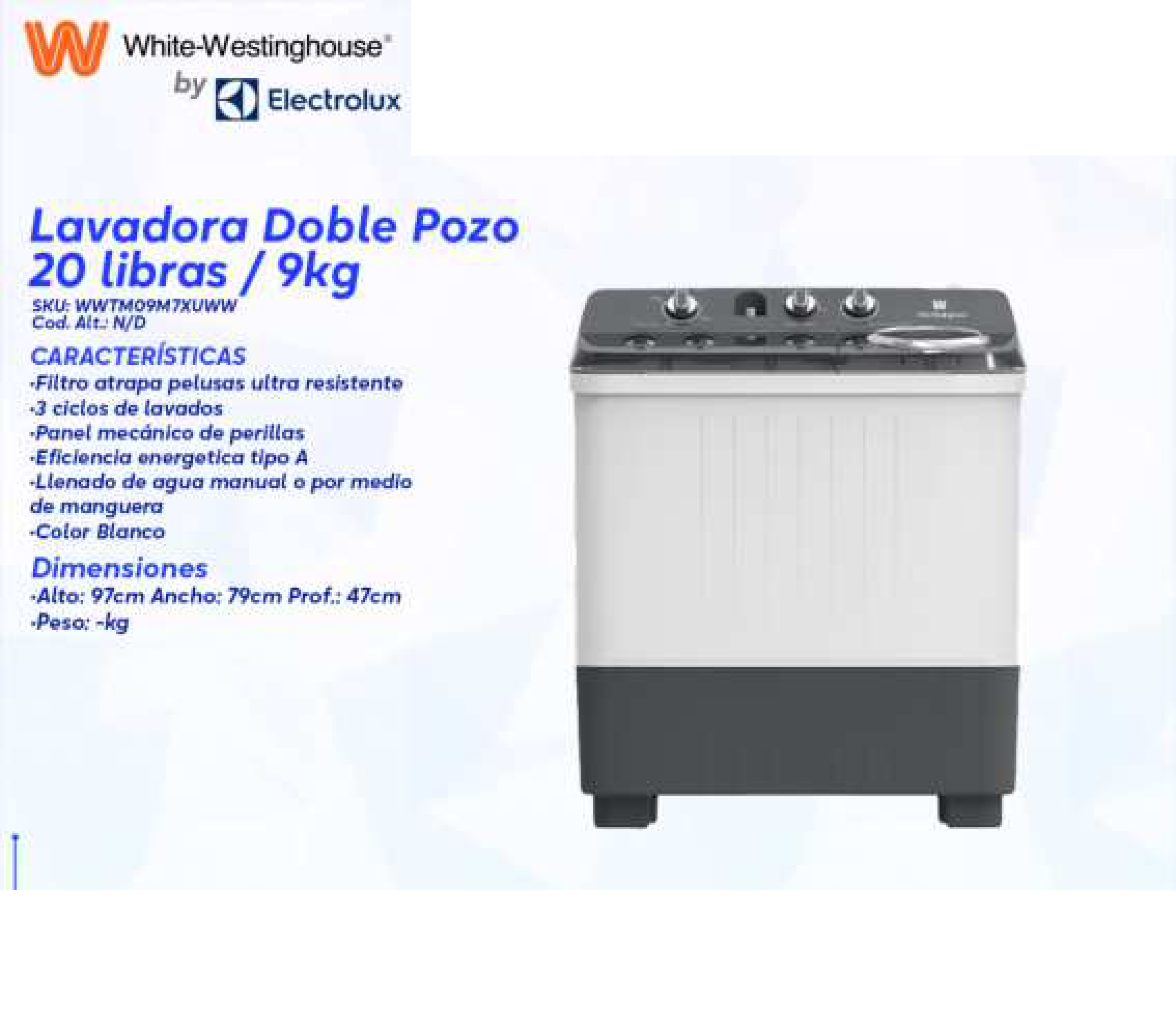 Lavadora Doble Pozo 20 libras / 9kg