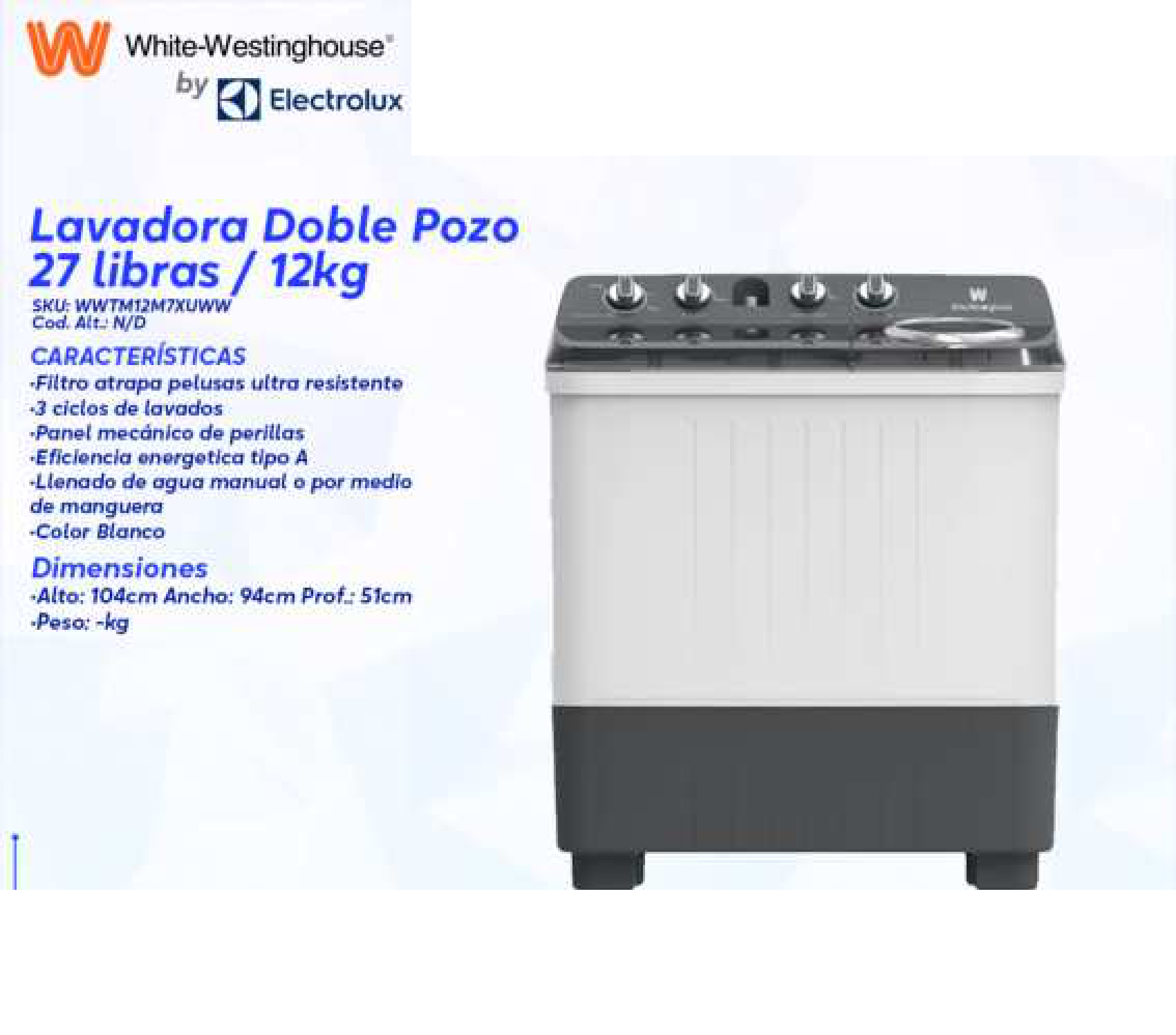Lavadora Doble Pozo 27 Libras / 12kg