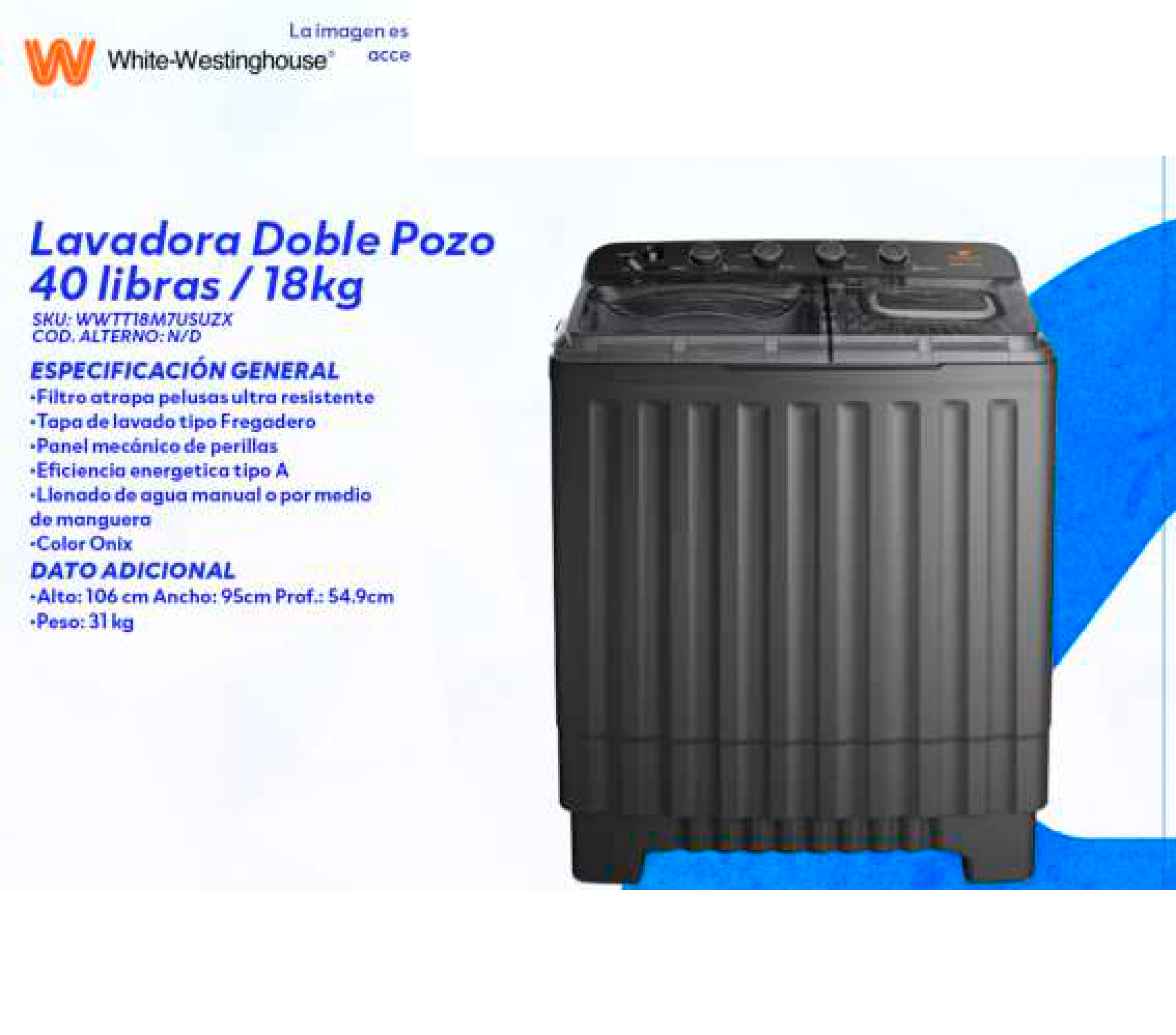 Lavadora Doble Pozo 40 libras / 18kg