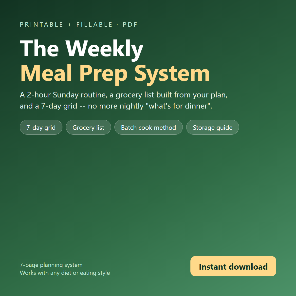 The Weekly Meal Prep System — 7-Day Grid, Grocery List & Batch Cook Method (PDF)